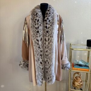 Vintage 80s Santa Fe ReCreations Patchwork Wool Coat Faux Fur FRINGE! Sz Medium